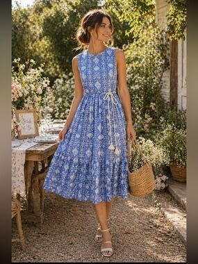 J. Crew Factory Blue and White Sleeveless Tie-Detail Midi Dress